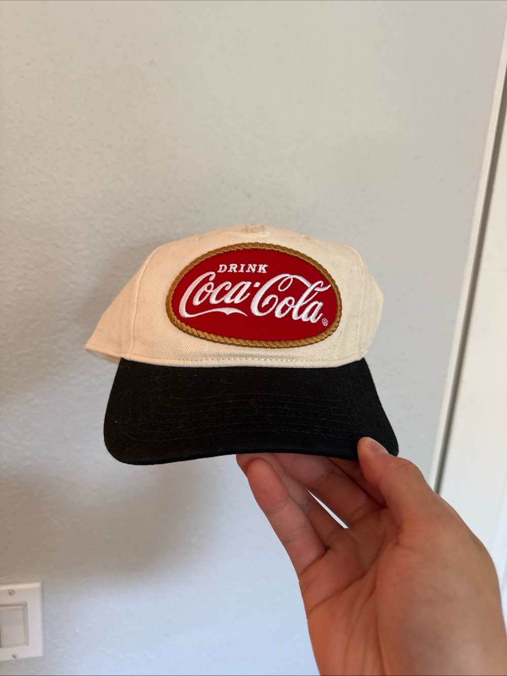 Coca Cola Cream Crown Black Bill Baseball Hat with Red Logo Patch